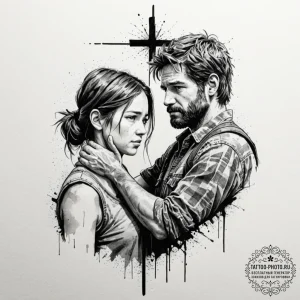 A watercolor sketch of ellie and joel from th... - эскиз тату (№1752566294_0, 15.07.2025 07:58) — tattoo-photo.ru