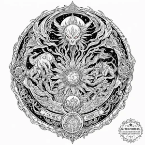 Tattoo design: a depiction of the creation of... - эскиз тату (№1752567577_0, 15.07.2025 08:19) — tattoo-photo.ru