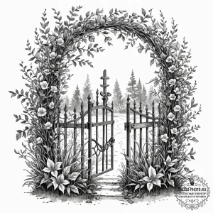 Tattoo sketch a single, open gate in a garden... - эскиз тату (№1752568942_0, 15.07.2025 08:42) — tattoo-photo.ru