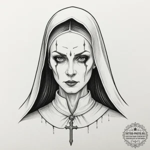 A linework tattoo of the valak demon nun from... - эскиз тату (№1752569110_0, 15.07.2025 08:45) — tattoo-photo.ru