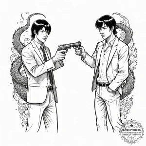 A graphic novel panel of jules and vincent fr... - эскиз тату (№1752569197_0, 15.07.2025 08:46) — tattoo-photo.ru