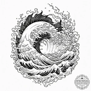 A powerful wave crashing against black volcan... - эскиз тату (№1752569367_0, 15.07.2025 08:49) — tattoo-photo.ru
