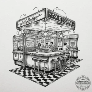 A photo of a bustling 1950s american diner wi... - эскиз тату (№1752570062_0, 15.07.2025 09:01) — tattoo-photo.ru