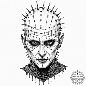 A trash polka portrait of pinhead from hellra... - эскиз тату (№1752570985_0, 15.07.2025 09:16) — tattoo-photo.ru