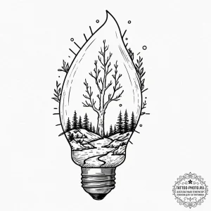 A lightbulb containing a tiny ecosystem, tatt... - эскиз тату (№1752572694_0, 15.07.2025 09:44) — tattoo-photo.ru