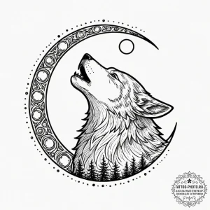 Tattoo sketch: a stylized wolf howling at a l... - эскиз тату (№1752573935_0, 15.07.2025 10:05) — tattoo-photo.ru