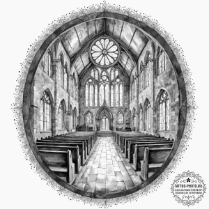 The inside of an old, abandoned church, with... - эскиз тату (№1752574706_0, 15.07.2025 10:18) — tattoo-photo.ru