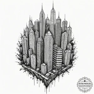 Tattoo design a cityscape where the skyscrape... - эскиз тату (№1752576499_0, 15.07.2025 10:48) — tattoo-photo.ru
