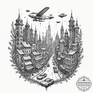 Dystopian city skyline with flying vehicles,... - эскиз тату (№1752578119_0, 15.07.2025 11:15) — tattoo-photo.ru