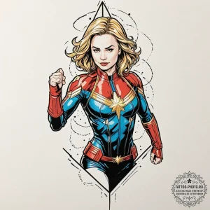 A neo-traditional tattoo of captain marvel, g... - эскиз тату (№1752579142_0, 15.07.2025 11:32) — tattoo-photo.ru