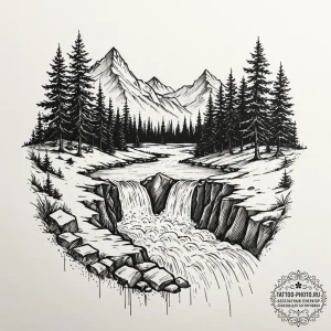 Tattoo sketch a flowing river that transforms... - эскиз тату (№1752586774_0, 15.07.2025 13:39) — tattoo-photo.ru
