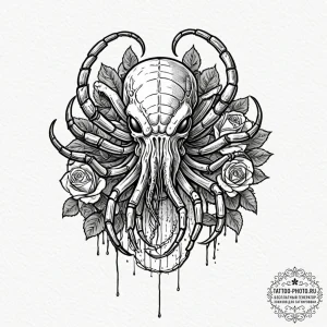 113. linework tattoo of a facehugger, minimal... - эскиз тату (№1752587461_0, 15.07.2025 13:51) — tattoo-photo.ru