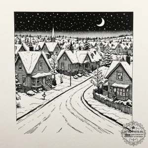 A quiet, snow-covered residential street in a... - эскиз тату (№1752589247_0, 15.07.2025 14:20) — tattoo-photo.ru