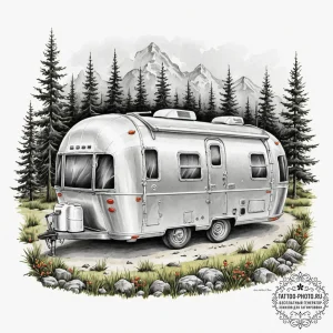 The interior of a classic airstream trailer,... - эскиз тату (№1752589846_0, 15.07.2025 14:30) — tattoo-photo.ru