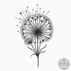 Dandelion with birds, tattoo line art, minima... - эскиз тату (№1752590187_0, 15.07.2025 14:36) — tattoo-photo.ru