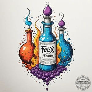 A linework tattoo of a bottle of felix felici... - эскиз тату (№1752592724_0, 15.07.2025 15:18) — tattoo-photo.ru