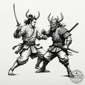 Samurai fighting an oni, tattoo line art, dot... - эскиз тату (№1752593262_0, 15.07.2025 15:27) — tattoo-photo.ru