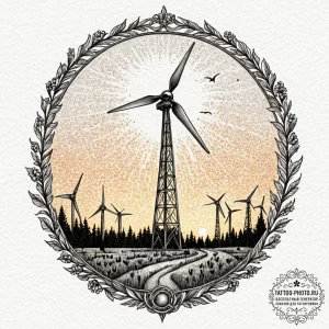 A wind turbine field at sunset., tattoo line... - эскиз тату (№1752593835_0, 15.07.2025 15:37) — tattoo-photo.ru