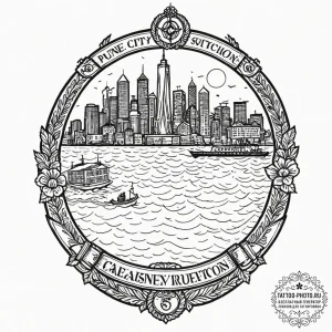 A ferry crossing a body of water with a city... - эскиз тату (№1752595755_0, 15.07.2025 16:09) — tattoo-photo.ru