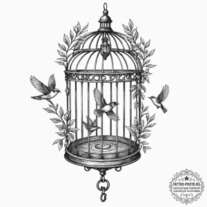 Tattoo sketch a key unlocking a birdcage, wit... - эскиз тату (№1752596796_0, 15.07.2025 16:26) — tattoo-photo.ru