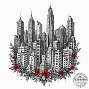 Tattoo design a cityscape where the skyscrape... - эскиз тату (№1752598170_0, 15.07.2025 16:49) — tattoo-photo.ru