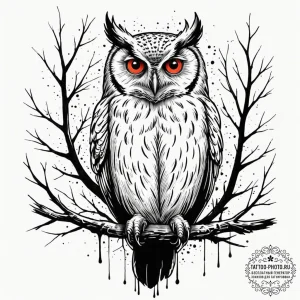 A wise-looking owl perched on a branch in a d... - эскиз тату (№1752598864_0, 15.07.2025 17:01) — tattoo-photo.ru