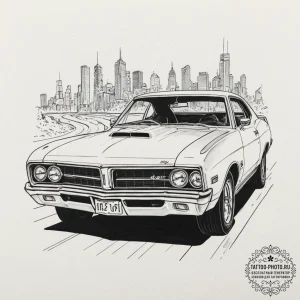 A graphic novel panel of the final car chase... - эскиз тату (№1752599041_0, 15.07.2025 17:04) — tattoo-photo.ru