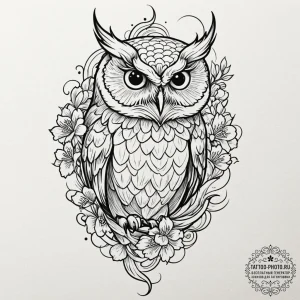 Owl, tattoo drawing outline, on a clean white... - эскиз тату (№1752609055_0, 15.07.2025 19:50) — tattoo-photo.ru