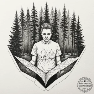 A person holding a map, looking lost in a den... - эскиз тату (№1752612244_0, 15.07.2025 20:44) — tattoo-photo.ru