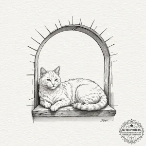 A fluffy ginger cat napping in a sunbeam on a... - эскиз тату (№1752615522_0, 15.07.2025 21:38) — tattoo-photo.ru