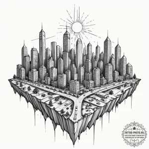 Dystopian city skyline, concept art for tatto... - эскиз тату (№1752616276_0, 15.07.2025 21:51) — tattoo-photo.ru