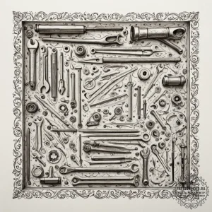 A mechanic's garage, with tools neatly organi... - эскиз тату (№1752617446_0, 15.07.2025 22:10) — tattoo-photo.ru