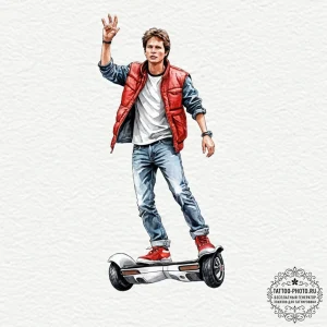 128. a watercolor sketch of marty mcfly on th... - эскиз тату (№1752618449_0, 15.07.2025 22:27) — tattoo-photo.ru