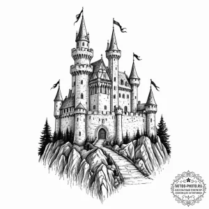 Medieval castle siege, concept art for tattoo... - эскиз тату (№1752622951_0, 15.07.2025 23:42) — tattoo-photo.ru
