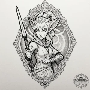 Linework tattoo of ahsoka tano with her two l... - эскиз тату (№1752625039_0, 16.07.2025 00:17) — tattoo-photo.ru