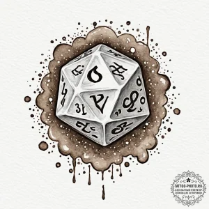 Tattoo sketch a stylized d20 dice rolling mid... - эскиз тату (№1752625120_0, 16.07.2025 00:18) — tattoo-photo.ru