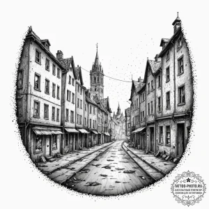 Tattoo sketch a post-apocalyptic cityscape wi... - эскиз тату (№1752626277_0, 16.07.2025 00:37) — tattoo-photo.ru