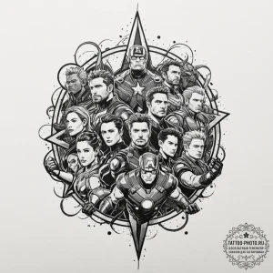 A graphic novel panel of the "avengers assemb... - эскиз тату (№1752626360_0, 16.07.2025 00:39) — tattoo-photo.ru