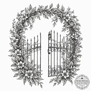 Tattoo sketch a single, open gate in a garden... - эскиз тату (№1752631465_0, 16.07.2025 02:04) — tattoo-photo.ru