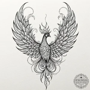 Tattoo sketch a phoenix mid-transformation, i... - эскиз тату (№1752632717_0, 16.07.2025 02:25) — tattoo-photo.ru