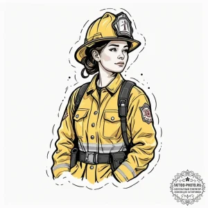 A powerful shot of a female firefighter, soot... - эскиз тату (№1752633470_0, 16.07.2025 02:37) — tattoo-photo.ru