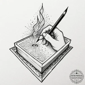 Tattoo sketch a human hand writing a story, b... - эскиз тату (№1752634672_0, 16.07.2025 02:57) — tattoo-photo.ru