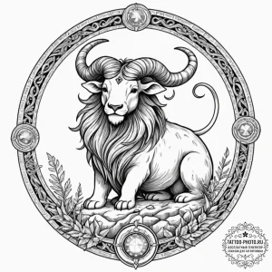 Tattoo design a zodiac animal guarding an anc... - эскиз тату (№1752637301_0, 16.07.2025 03:41) — tattoo-photo.ru