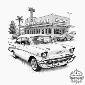 A classic, cherry red 1957 chevrolet bel air... - эскиз тату (№1752644071_0, 16.07.2025 05:34) — tattoo-photo.ru