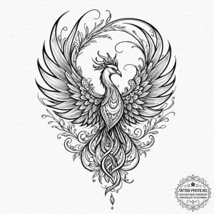 Tattoo sketch a phoenix, its body a swirling... - эскиз тату (№1752644794_0, 16.07.2025 05:46) — tattoo-photo.ru