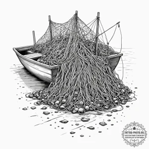 A pile of colorful, discarded fishing nets on... - эскиз тату (№1752645922_0, 16.07.2025 06:05) — tattoo-photo.ru