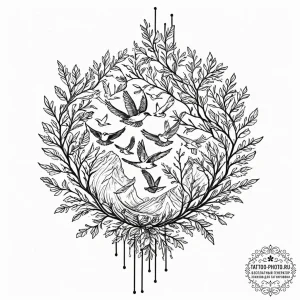 Flock of birds, ink illustration for tattoo,... - эскиз тату (№1752646447_0, 16.07.2025 06:14) — tattoo-photo.ru