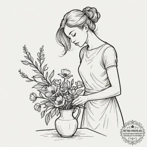 A person arranging flowers in a vase., concep... - эскиз тату (№1752649134_0, 16.07.2025 06:58) — tattoo-photo.ru