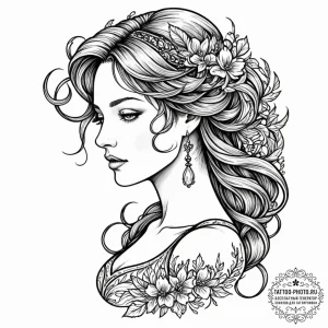 Tattoo design a virgo maiden's profile in bla... - эскиз тату (№1752651413_0, 16.07.2025 07:36) — tattoo-photo.ru