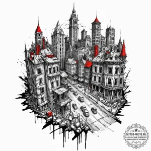 Tattoo sketch a post-apocalyptic cityscape wi... - эскиз тату (№1752651902_0, 16.07.2025 07:45) — tattoo-photo.ru